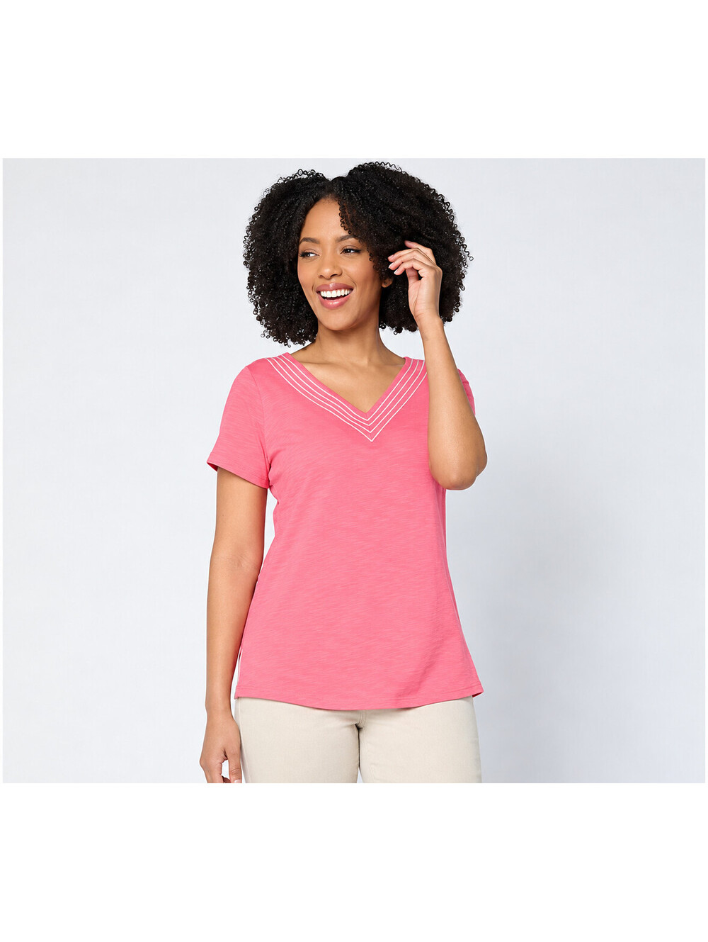 Belle by Kim Gravel Slub Knit Triple Stitch V Neck Top Coral Rose, Size 5X Plus